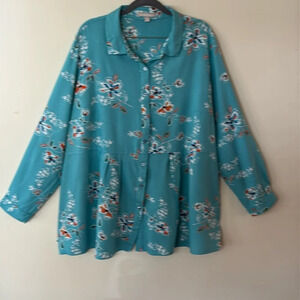 Woman Within Top/Tunic/Blue Floral Button Down Front Long Sleeve 1X 22/24